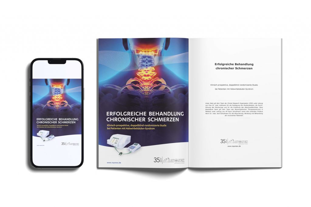 Zu sehen ist ein aufgeklapptes Magainmit dem Titel der HSW Studie von Rayonex, sowie ein Smartphone mit dem Cover der HWS Studie von Rayonex